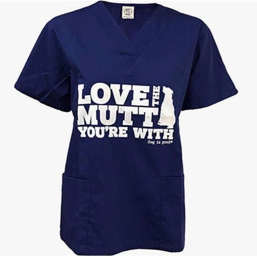 Dog is Good Love The Mutt Youre With Scrub Top Navy Blue XL V-Neck Pockets